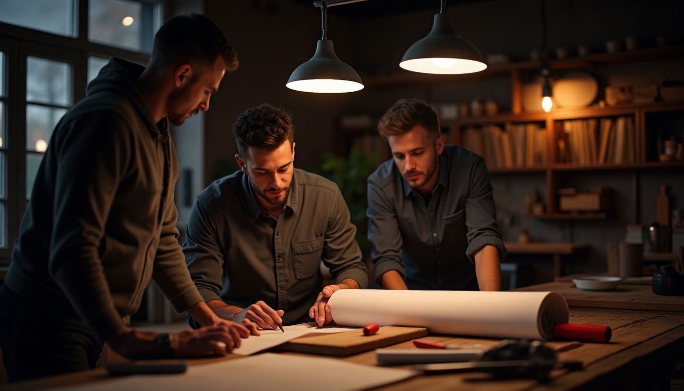 A small team working in a warm workshop at dusk — growing a small business