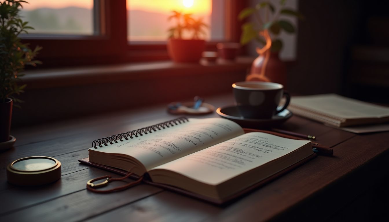 A founder's notebook with market sketches beside a city at dawn — idea validation guidance