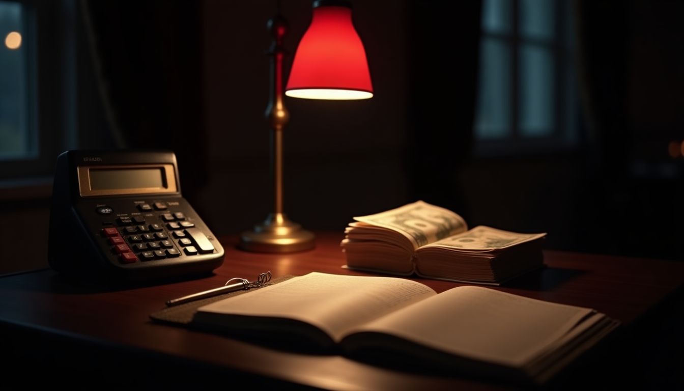 A ledger and calculator under a warm desk lamp at night — business money calculators